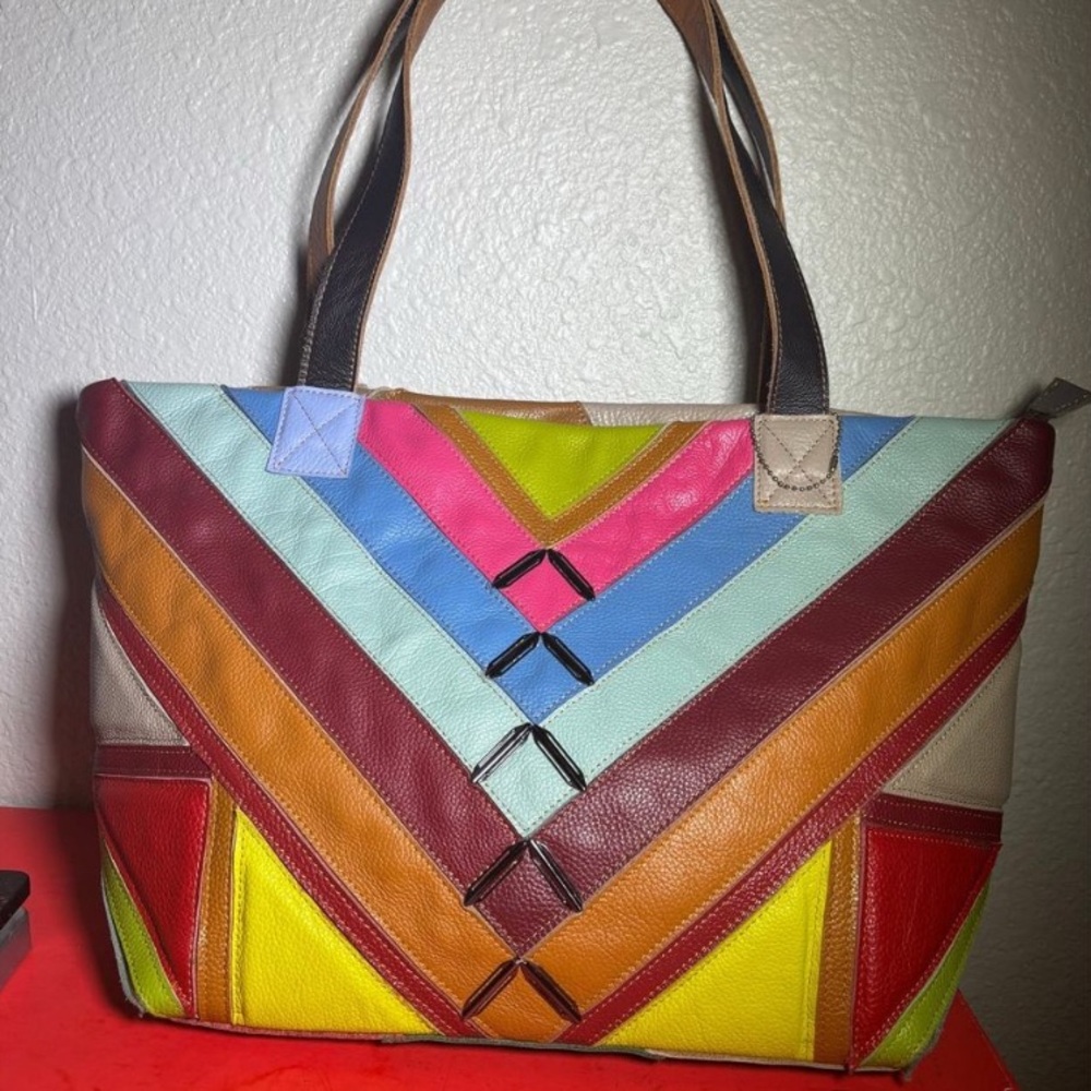 Amerileather leather patchwork tote bag large colorful